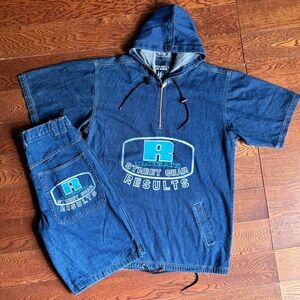 Vtg RESULTS JEANS Denim Hoodie Shorts Set Sz M Sz 32 Baggy Hip Hop Y2K 90s